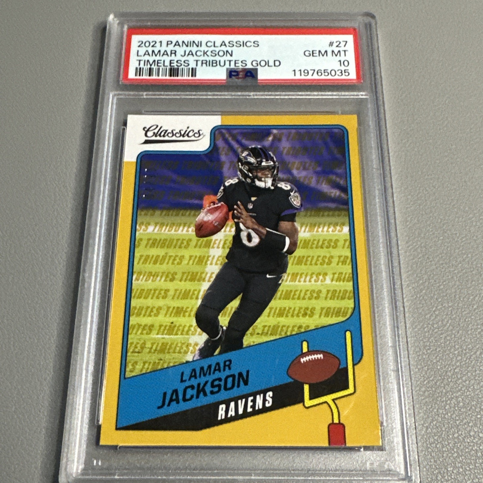 2021 Panini Classics - Lamar Jackson - Timeless Tributes Gold - /99 - PSA 10 view 3