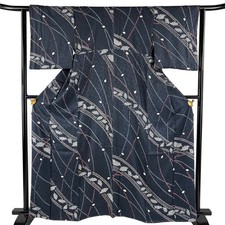 JAPANESE KIMONO FINE PATTERN BLUE-GRAY 162cm 5 ft 4 in PURE SILK B2623