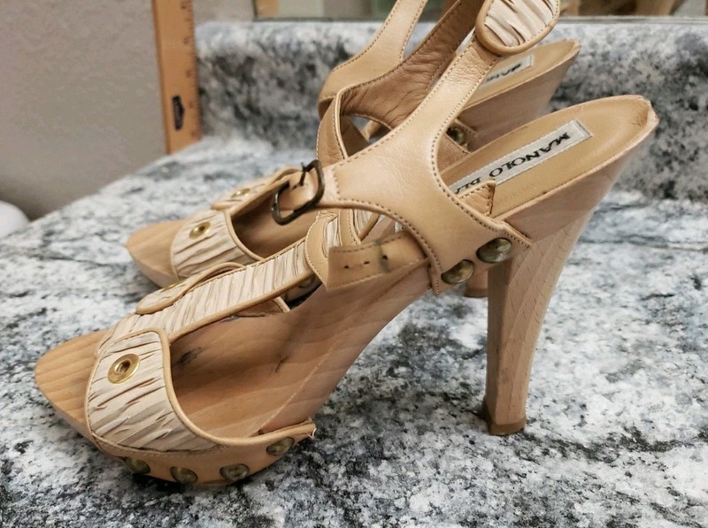 Manolo Blahnik Wooden Platform Sandals Leather Size 7/37 Handmade In Italy