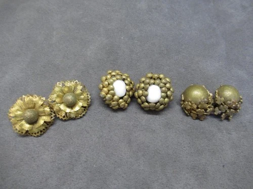Miriam Haskell - 3 Pair Vintage Clip on Earrings - Goldtone Filigree Baroque dl