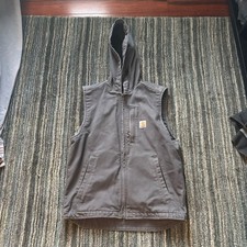 Carhartt Mens Gray Hooded Vest Duck Canvas 103837 GVL Mens Size Small Outerwear