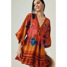 FARM RIO Long Sleeve V Neck Mini Dress Orange Floral Kimono Women's M