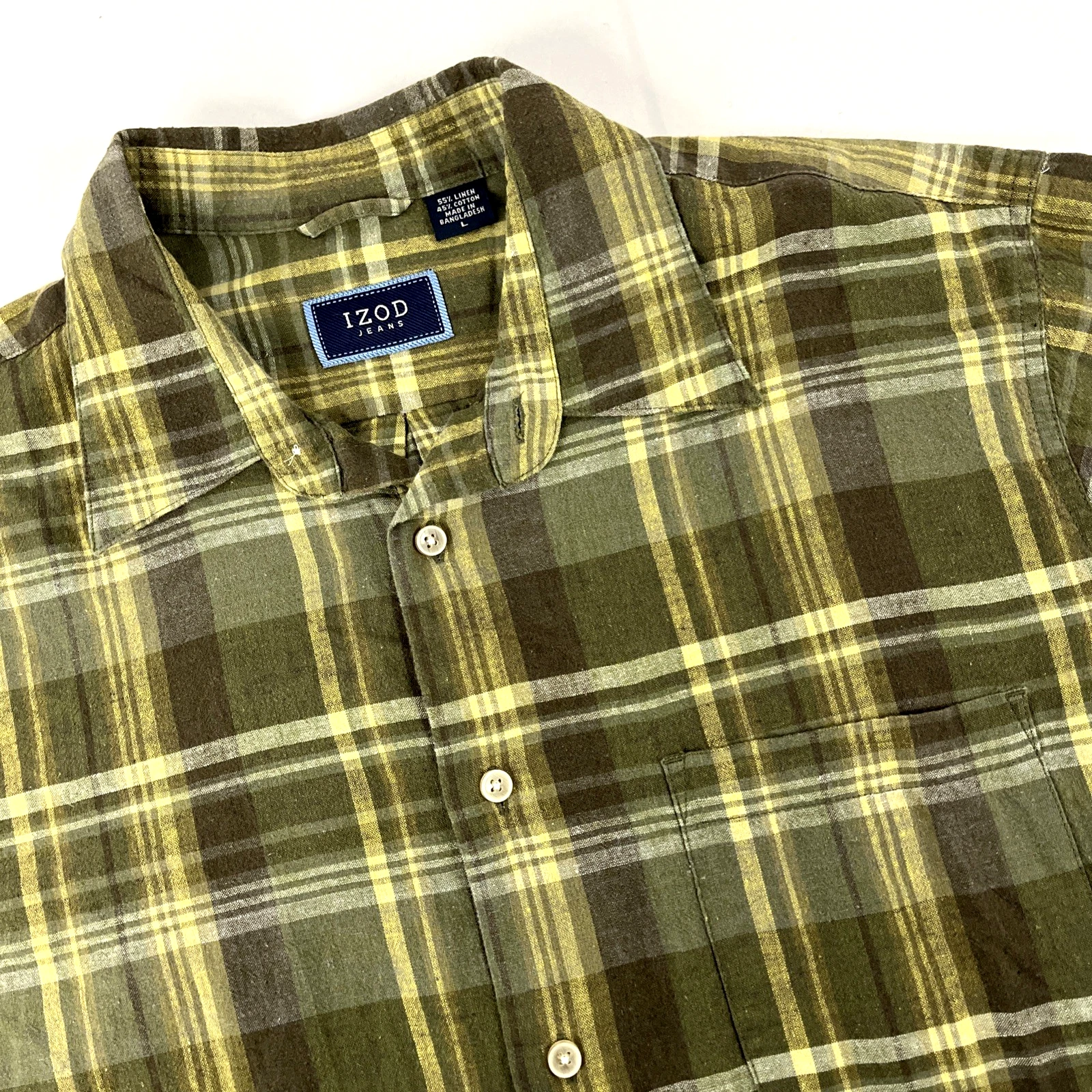 New Mens Y2K IZOD Jeans Linen Cotton Button Up SS Shirt Size Large Green Plaid