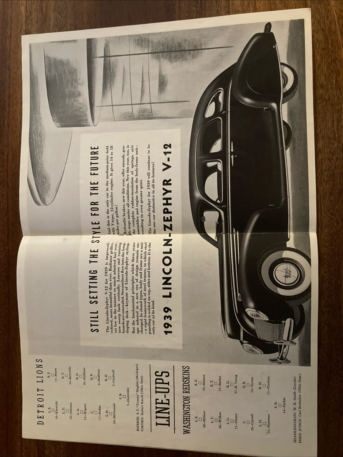 1938 DETROIT LIONS vs. WASHINGTON REDSKINS FOOTBALL PROGRAM/“DUTCH” CLARK!!!