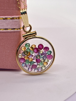 14k massiv Gold Lucite Shaker Medaillon Rubin, Tansanit, Amethyst, Smaragd, Peridot