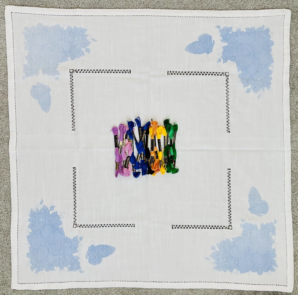 Stamped Cross Stitch White Tablecloth 34 x 34" & 20 Skeins Embroidery Floss - Image 2 of 4