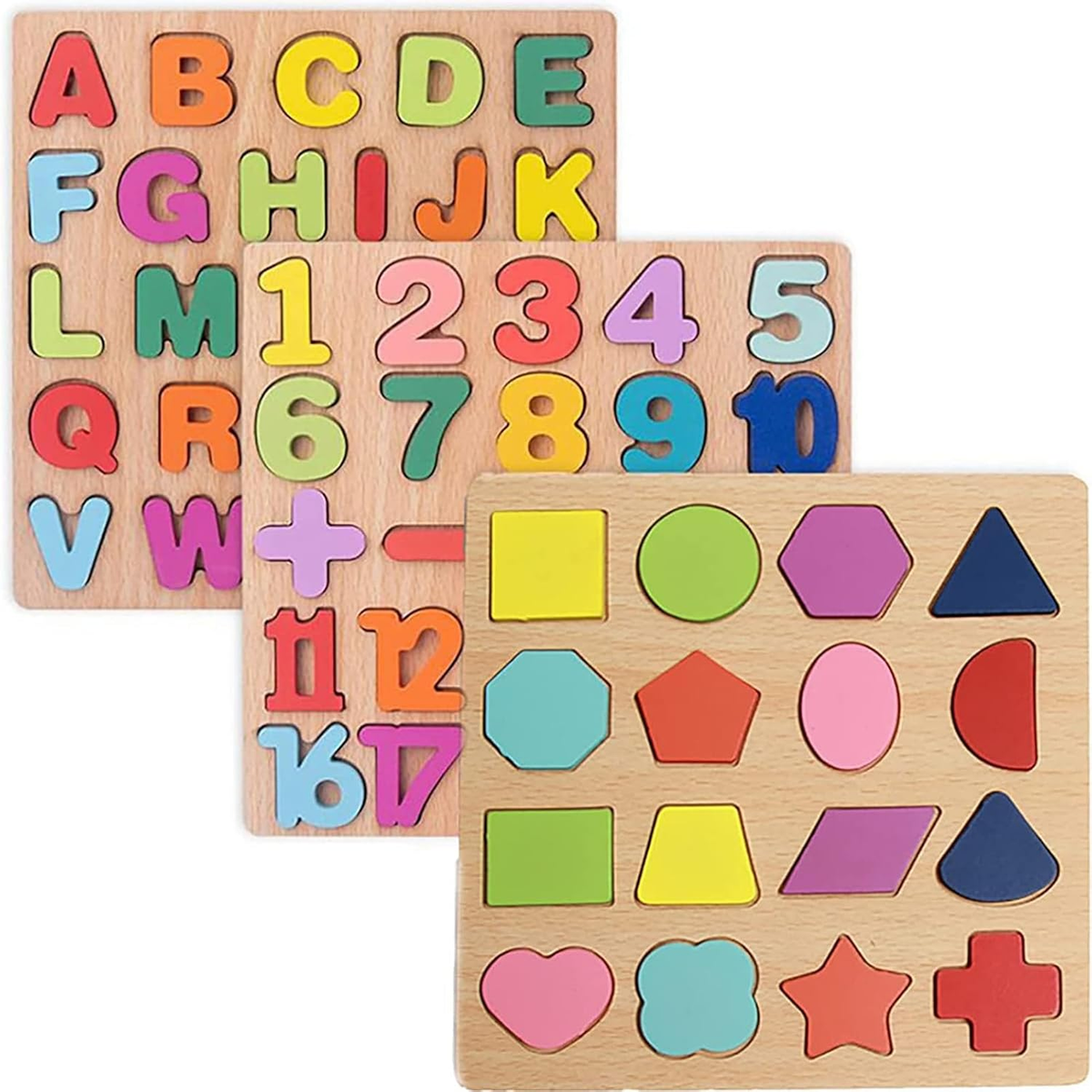 Lot de 4 puzzles à chevilles en bois pour les tout-petits, chiffres de l'alphabet, animaux et Lot de 4 puzzles à chevilles en bois pour les tout-petits, chiffres de l'alphabet, animaux et