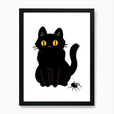 Schwarze Katze mit Spinne Kunstdruck gerahmt Wandbild Poster Leinwanddruck Bild