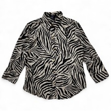 Chaps Zebra Animal Brown Print Gold Button Up Blouse Top 3/4 Sleeve Large