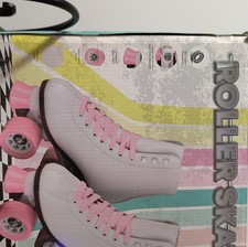 Roller Derby White Roller Skates Pink Wheels Laces Size 10 Kids Quad