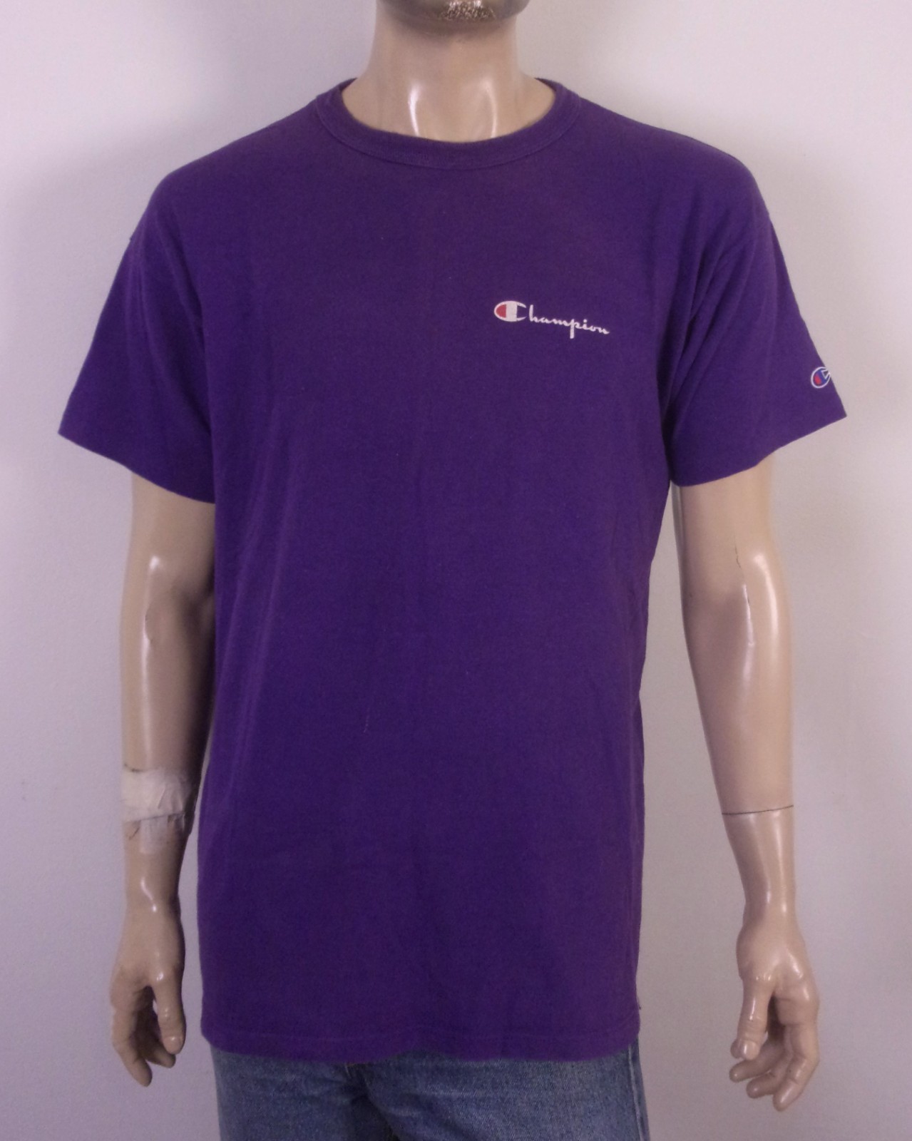 vintage 80s Champion Spell Out Logo T-Shirt Purple Blue Tag USA Made SZ XL