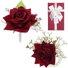SITUMEIZI 2Pcs Red Rose Corsage and Boutonniere Set Wristlet Band