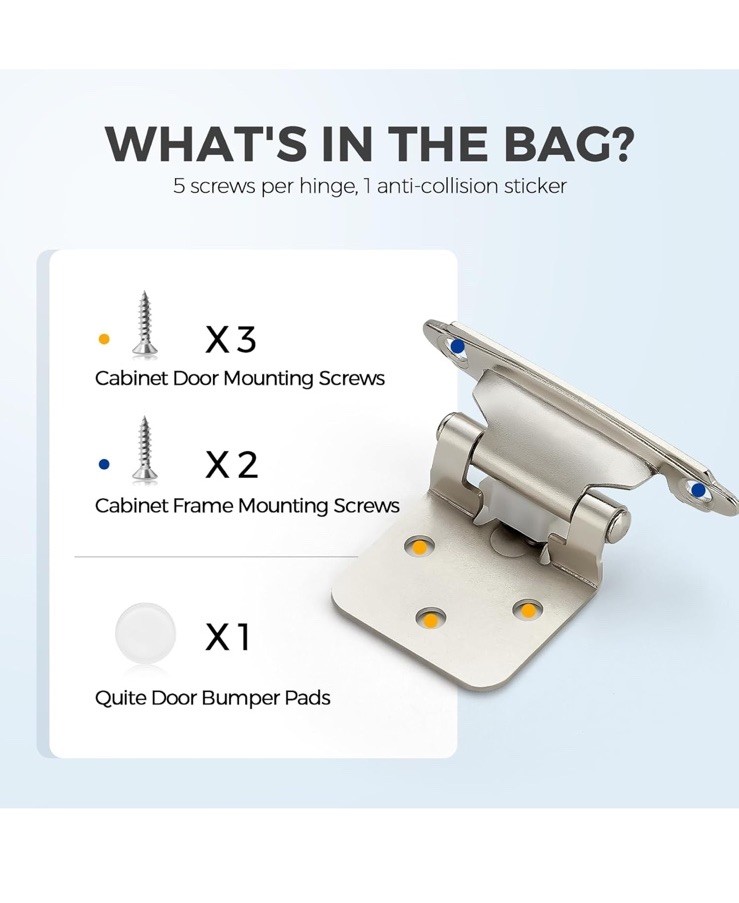 50 Pack (25 Pairs) 1/2 Inch Overlay Kitchen Cabinet Hinges, Satin Nickel