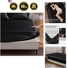 Satin Fitted Sheet King Size Black Elastic Corner Straps Luxurious Bedding