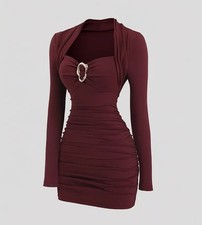 Burgunder Cocktailkleid mit Metallakzent quadratischer Ausschnitt Gr.S