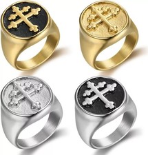 Stainless Steel Men's Cross of Lorraine Ring Knights Templar Crusader Jewelry