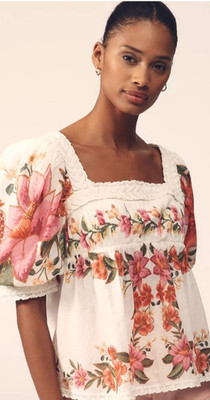 Farm Rio Summer Fruit Cotton Puff-Sleeve Off White Square-Neck Blouse XS