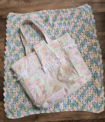 Handmade Quilted Pink Plaid Teddy Bear Tote Baby Diaper Bag w/Crochet baby throw