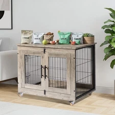 Pet Dog Cage Wooden Indoor Furniture 31inch with 2 Doors, End Table Decorative