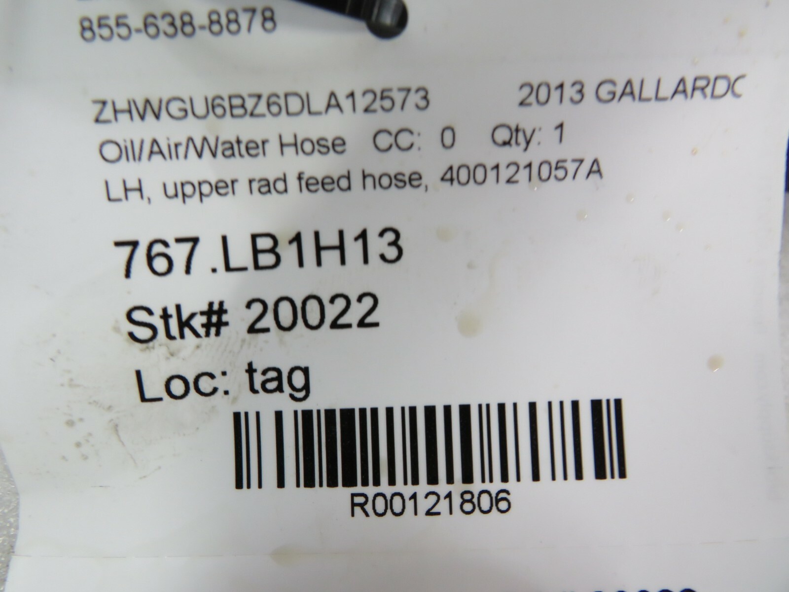 Lamborghini Gallardo LP550, 560, 570, Coolant Line/ Hose, Used, P/N 400121057A