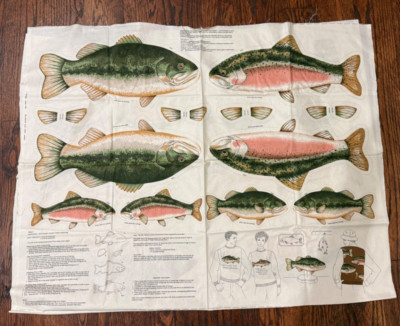 Fish Trout Bass Cut Sew Fabric Panel Applique Pillow Vintage Cranston Cotton