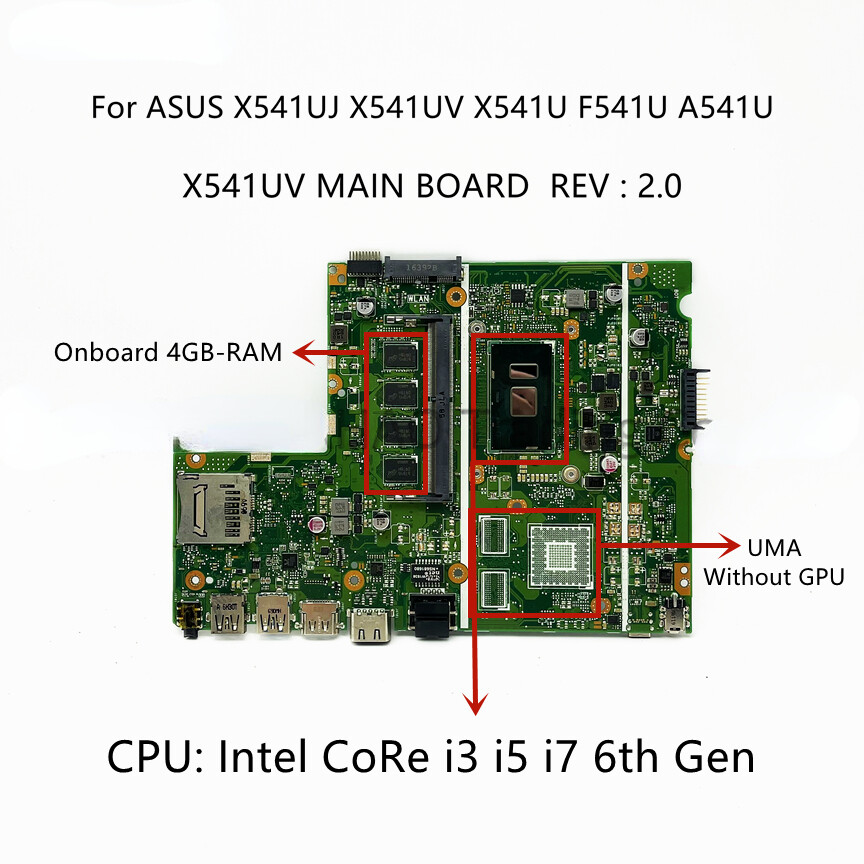 For Asus X541UJ X541UV Motherboard i3-6100U i5-6198DU i7-6500U CPU UMA  4GB-RAM