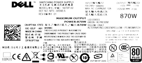 Server Power Supply Dell 0PT164 870W N870P-S0 For R710 T610 - Picture 3 of 3