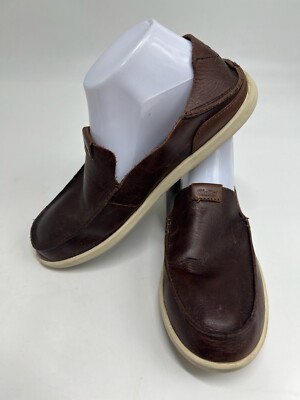 Olukai Nalukai Slip On Shoes Mens Size Brown Leather Loafers Drop-in Heel 