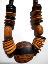 Chunky Boho Vintage Stacked Wood & Coconut Bead Statement Necklace