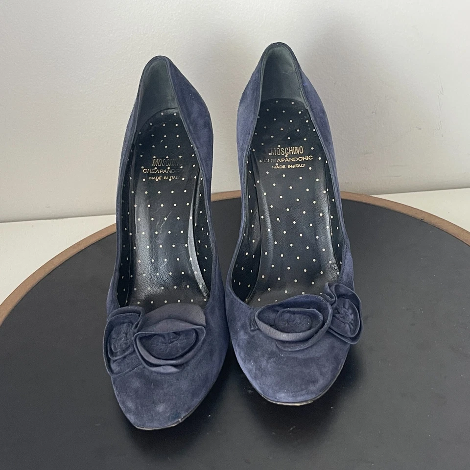Moschino Tacones Altos Gamuza Genuina Azul Hecho en Italia Talla 8.5 Foto 3 de 4