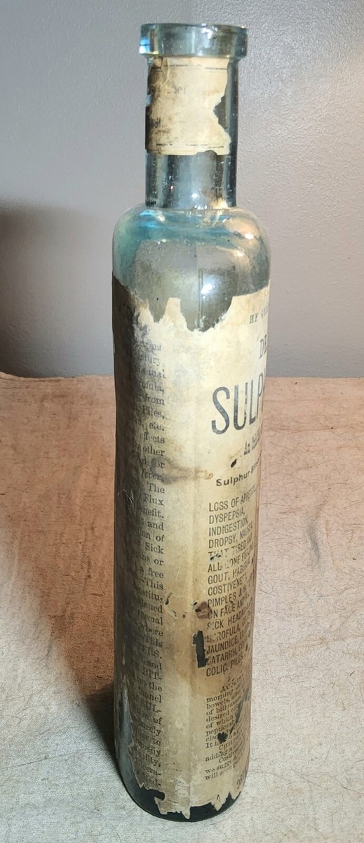 ANTIQUE DR. KAUFMANN'S SULPHUR BITTERS AQUA GLASS BOTTLE WITH WRAP