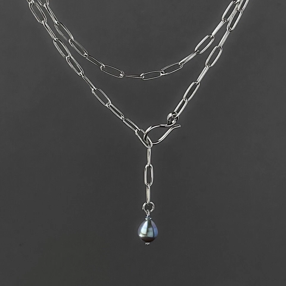 Collar de perlas grises barrocas de agua dulce cadena clip de plata de ley Lariat