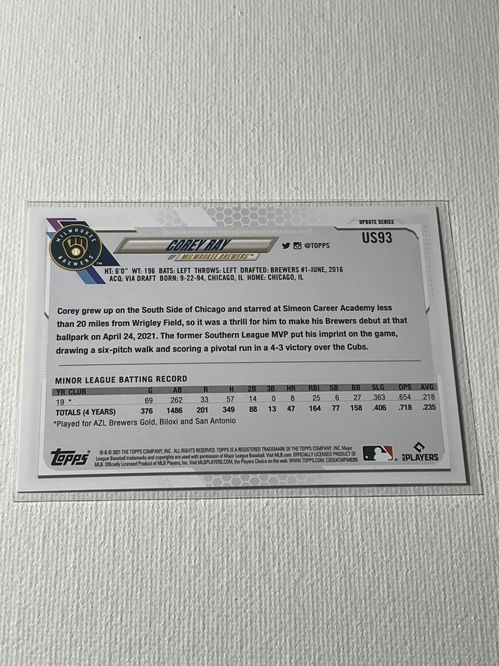 2021 Topps Baseball Update #US93 Corey Ray Milwaukee Brewers RC Rookie ...