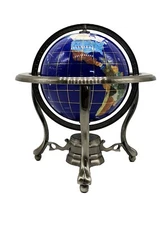 10" Tall Table Top Blue Lapis Ocean Gemstone World Globe with Silver Tripod Std