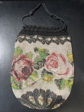 Vintage Victorian Glass Beaded Floral Drawstring Bag