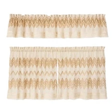 Vintage 1960’s 70’s Boho Curtain Set Valance 2 Panels Zig Zag Fringe Embroidered