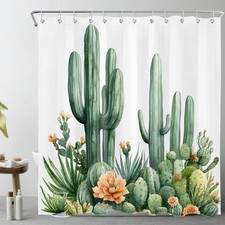 Tropical Cactus Shower Curtain with Hooks, Green Succulent Plant Cactus and O...