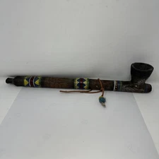Native American Artisan Crafted Peace Pipe W/ Beads Display 14.5" Indian Art EUC
