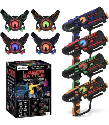 ArmoGear Set of 4 Laser Tag Guns with Vests Set, 150ft Range, Night Vision, Invi