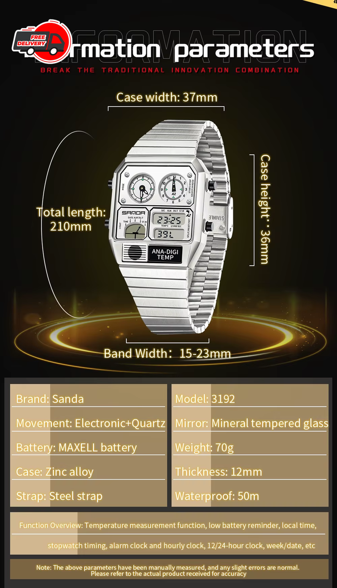 SANDA 3192 Men's Square Digital Watch LED Thermometer Stopwatch