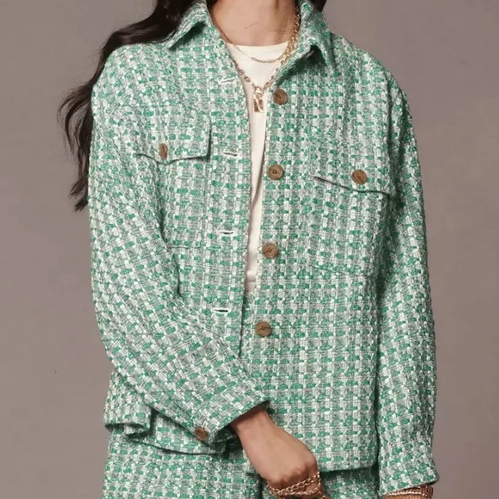 Anthropologie Maeve Tweed Check Oversized Shirt Jacket, Green White, 2X - Image 2 of 4
