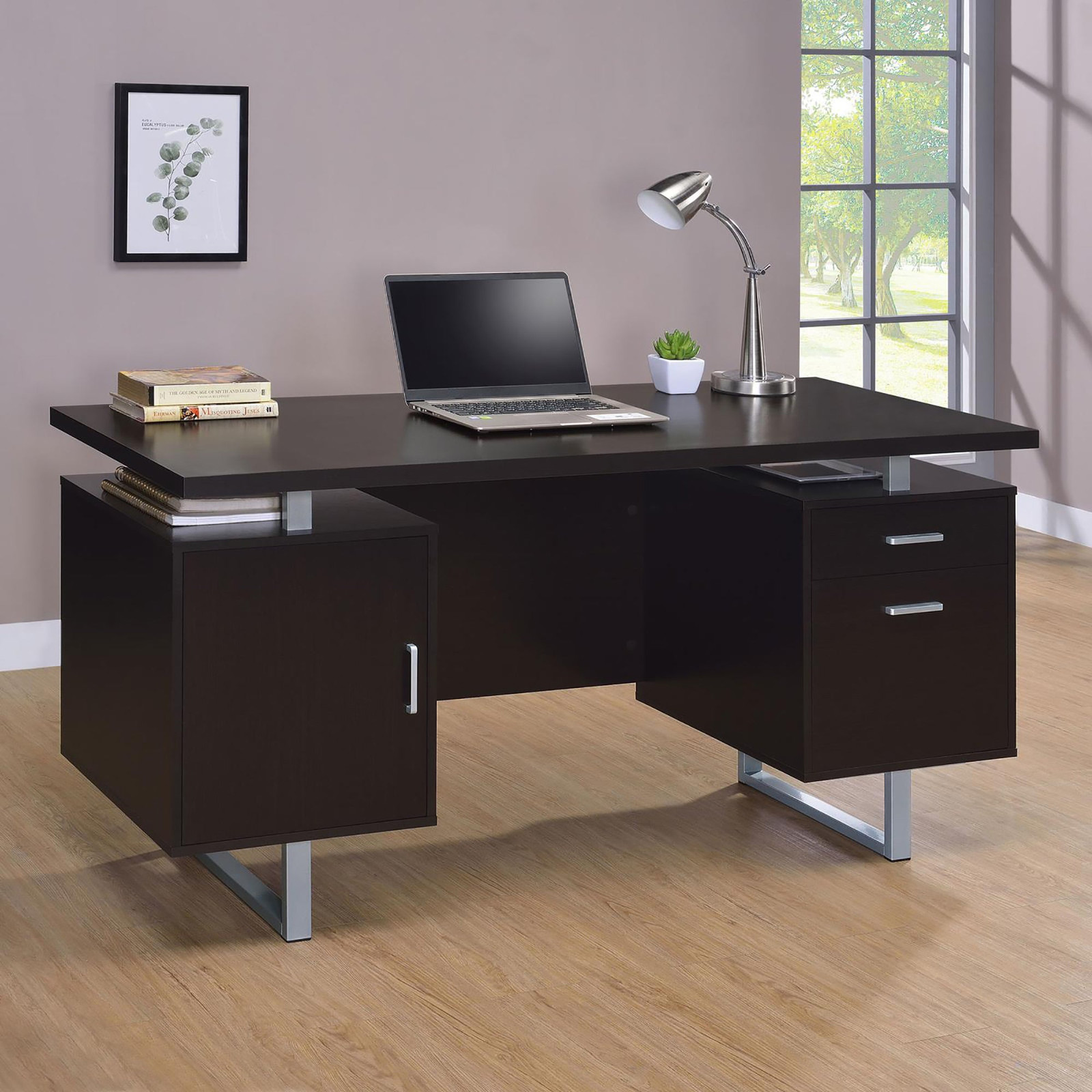 Sleek Cappuccino 2-Drawer Floating Top Office Desk for Modern Workspaces