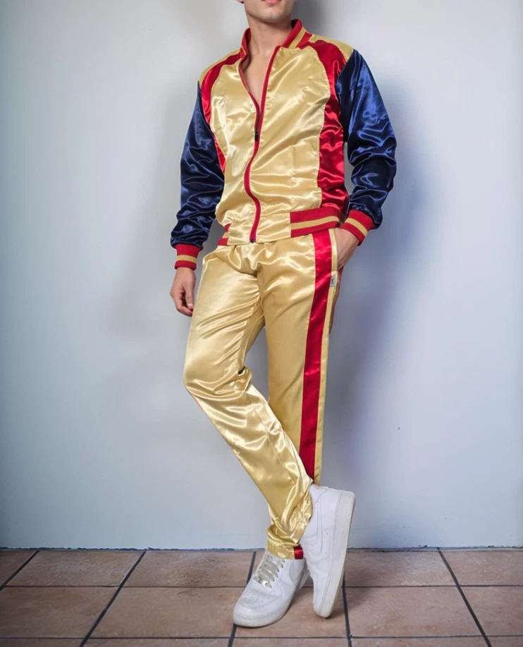 Mens Shiny Gold Satin Tracksuit 2 Piece Jogging Suit Streetwear Set