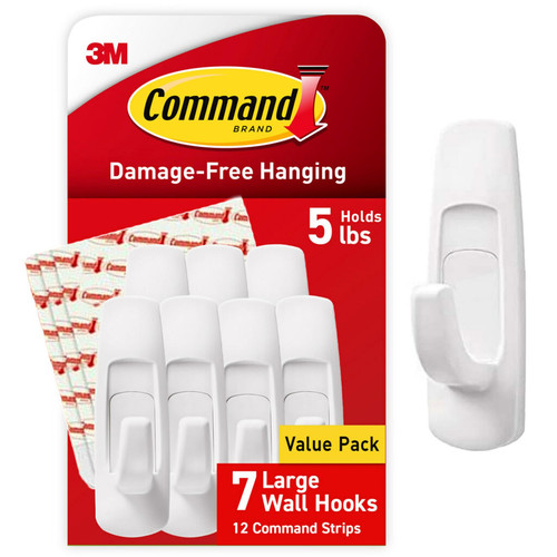 Large Utility Hooks, Holds up to 5 lb, 7 Hooks and 12 Strips, Damage Free Han...
