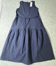 Uniqlo Dress Womens Small Blue Stripe Linen Blend Tiered Belted Sleeveless Midi
