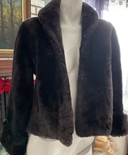 1950's ShearedMouton Fur Jacket Luxury Coat S/M?Roll Cuffs Satin Lined Vintage