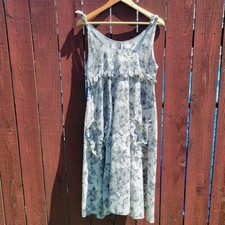 VTG Cottagecore Floral Ruffled bodice Pockets Tie Shoulder Midi House Dress Sz L