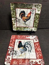 Set of 2 Certified International LILLE Rooster 10 1/4" Square Dinner Plates NEW