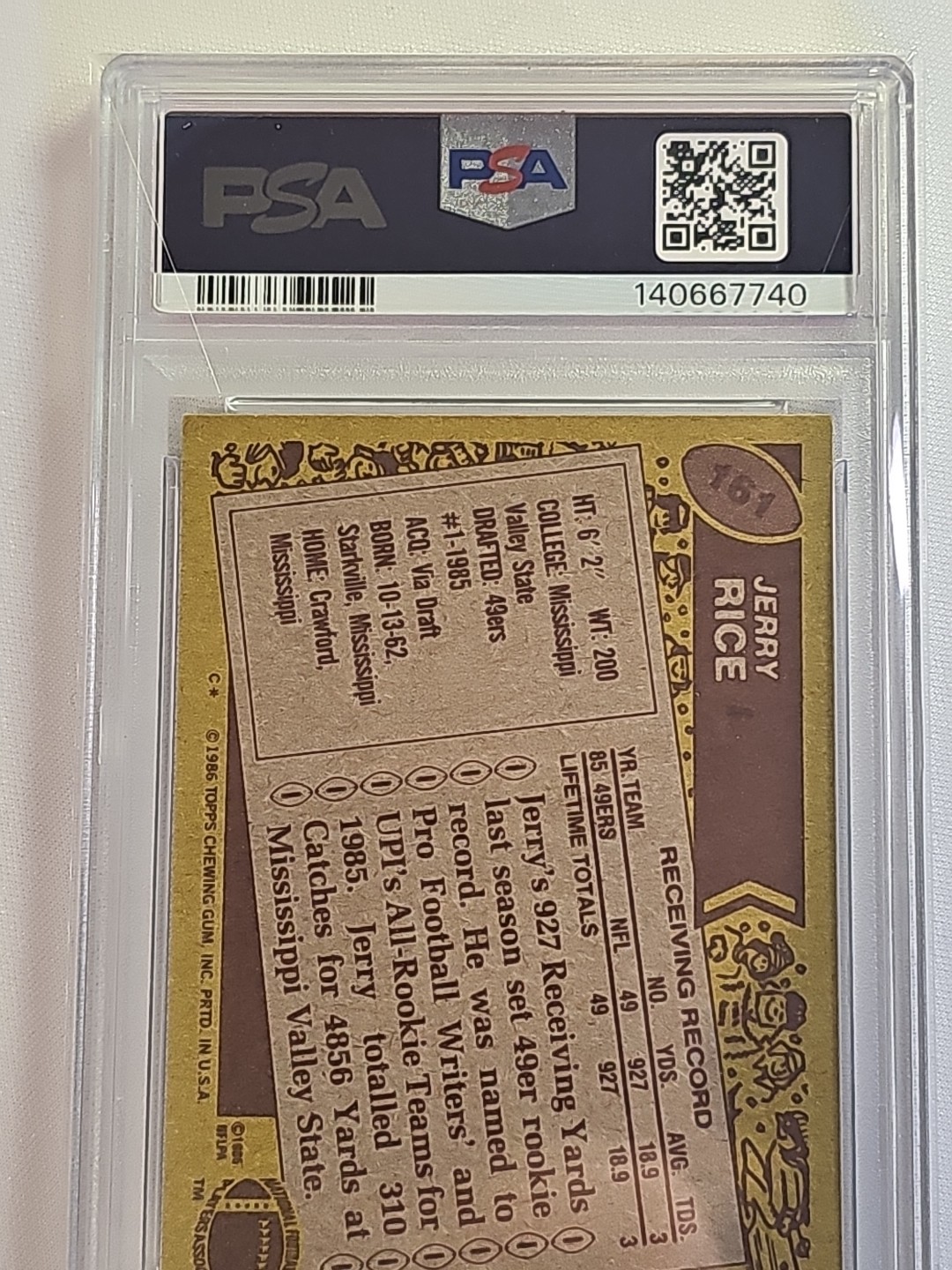 1986 Topps - Jerry Rice #161 RC HOF 49ERS PSA 7 NM view 6