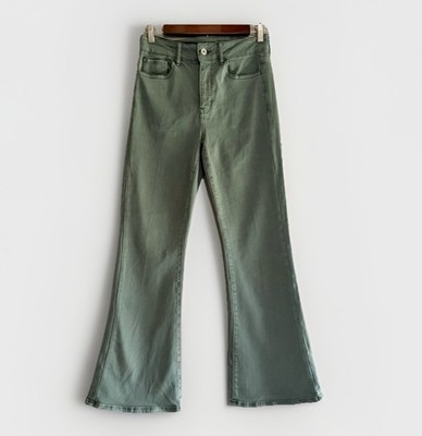 American Eagle Super Hi Rise Flare Jeans Olive Green Stretch Soft Denim 2 Short